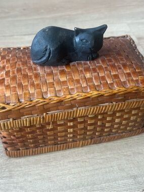 Woven Trinket Box with Black Cat Figurine
